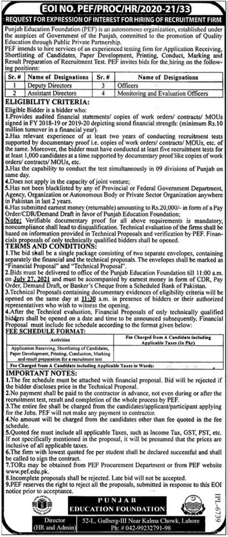 Punjab Education Foundation PEF Jobs July 2021