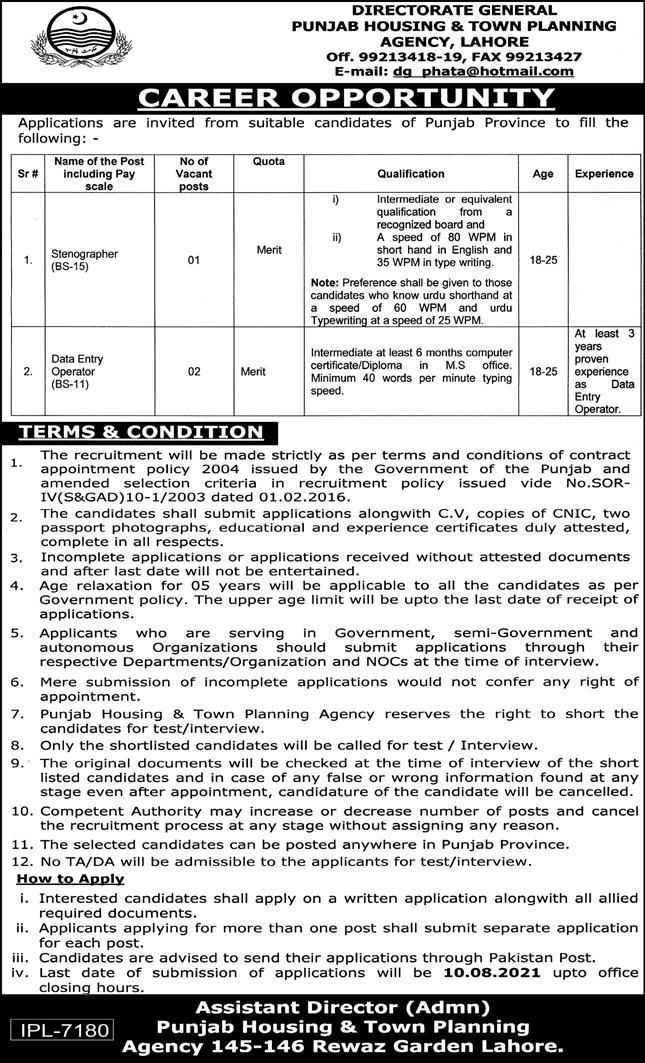 Punjab Housing & Town Planning Agency Lahore Jobs July 2021