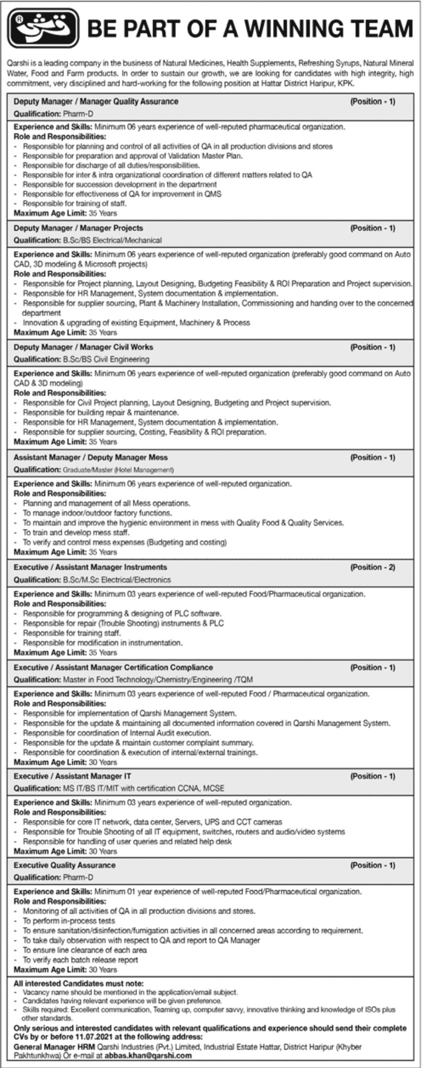 Qarshi Leading Company Jobs July 2021