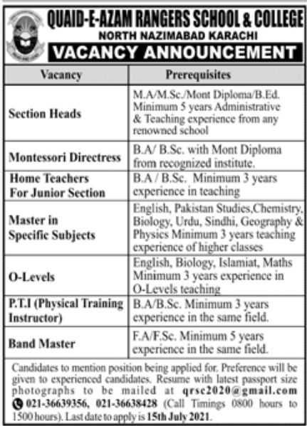 Quaid-e-Azam Rangers School & College Jobs July 2021