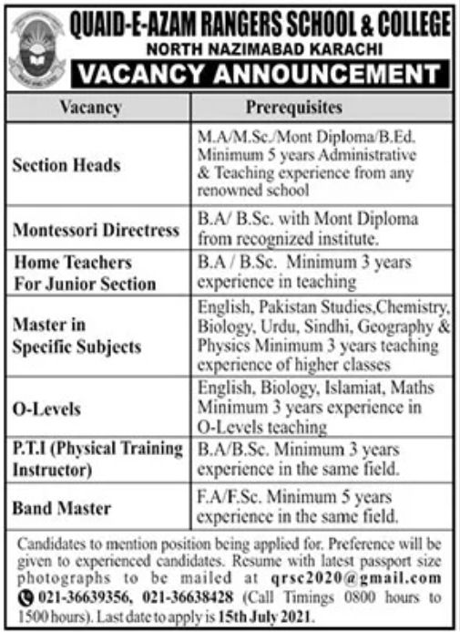 Quaid-e-Azam Rangers School & College Karachi Jobs July 2021