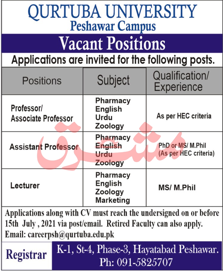 Qurtuba University Peshawar Jobs July 2021