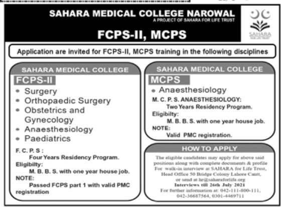 Sahara Medical College Narowal Jobs July 2021
