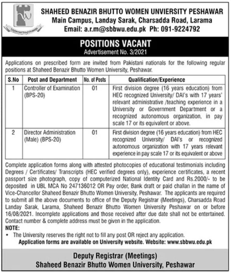 Shaheed Benazir Bhutto Women University Peshawar Jobs July 2021