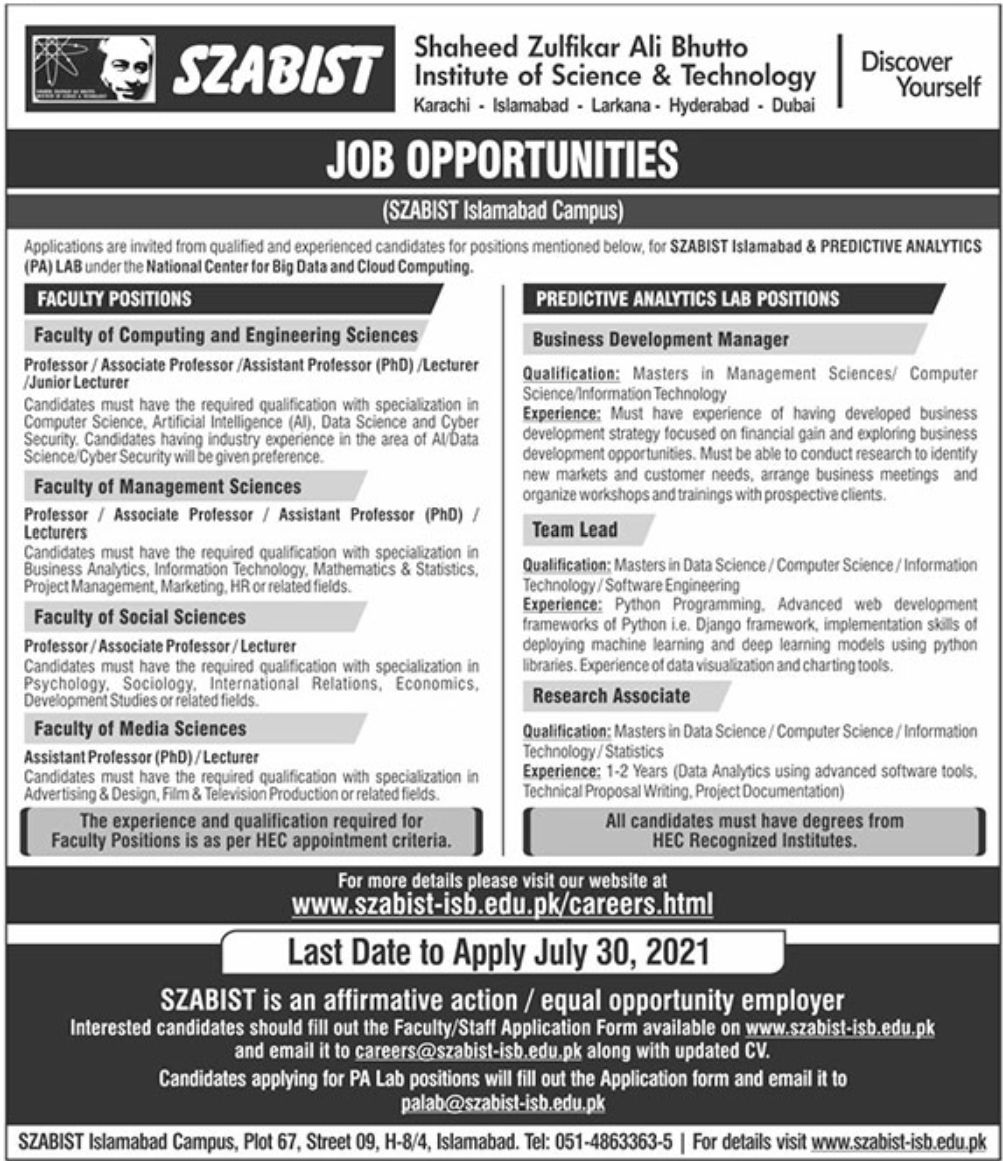 Shaheed Zulfikar Ali Bhutto Institute of Science & Technology Jobs July 2021