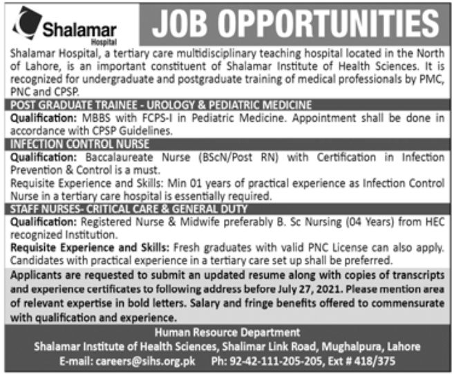 Shalamar Hospital Jobs July 2021