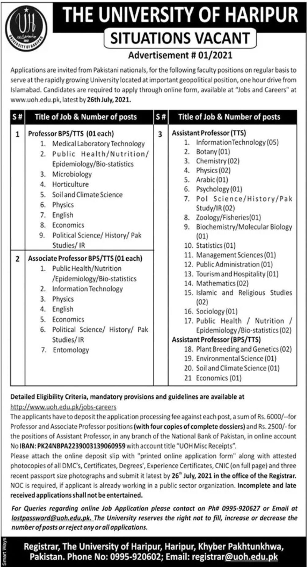 The University of Haripur UOH Jobs July 2021