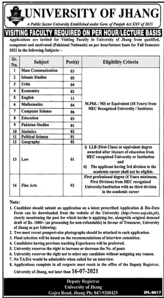 University of Jhang Jobs July 2021