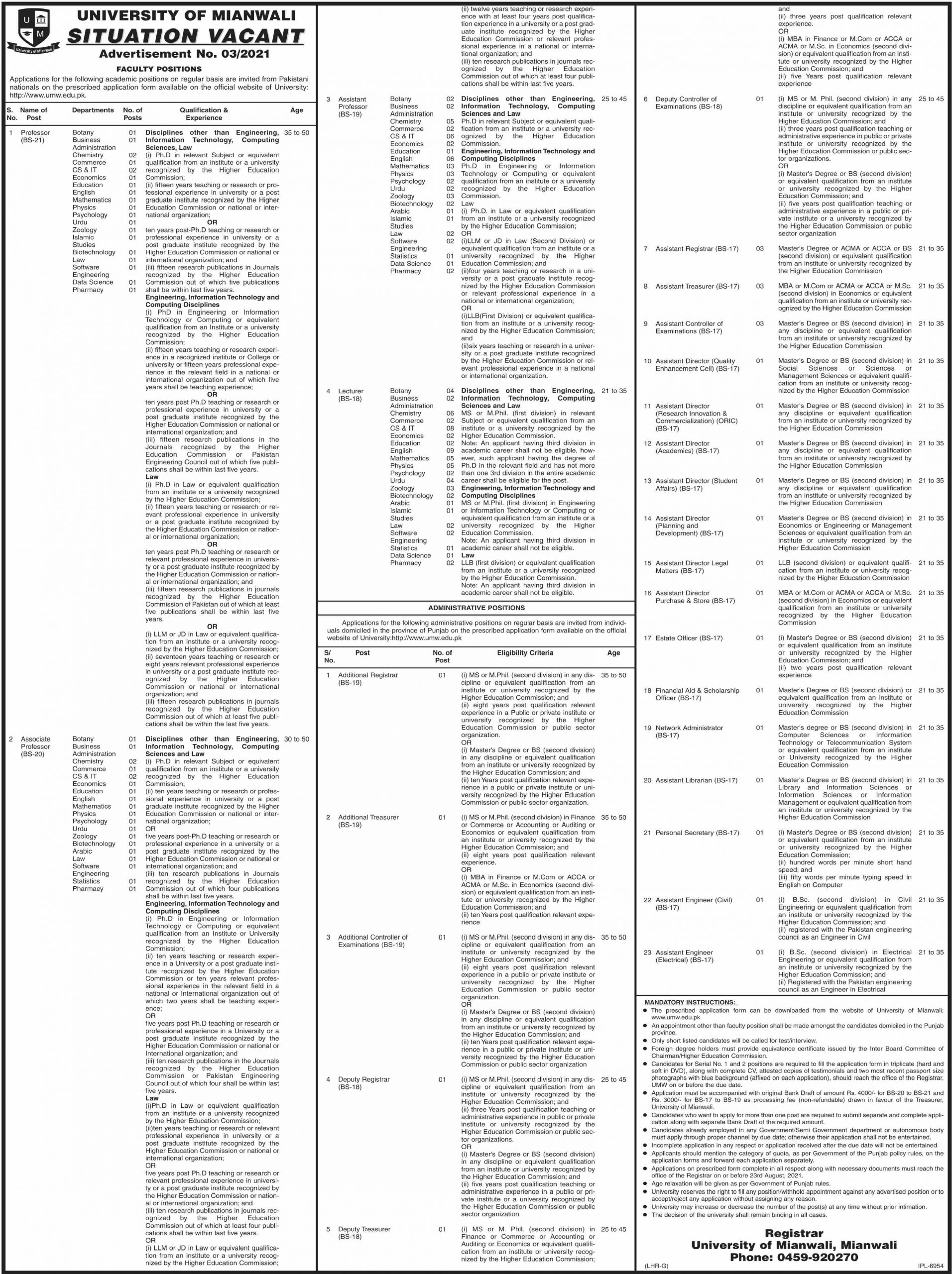 University of Mianwali UMW Jobs July 2021