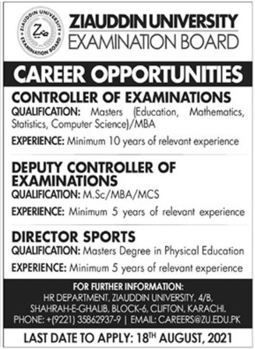 Ziauddin University Examination Board Jobs July 2021
