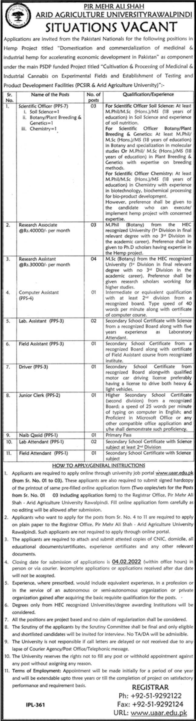 ARID Agriculture University Rawalpindi Jobs January 2022