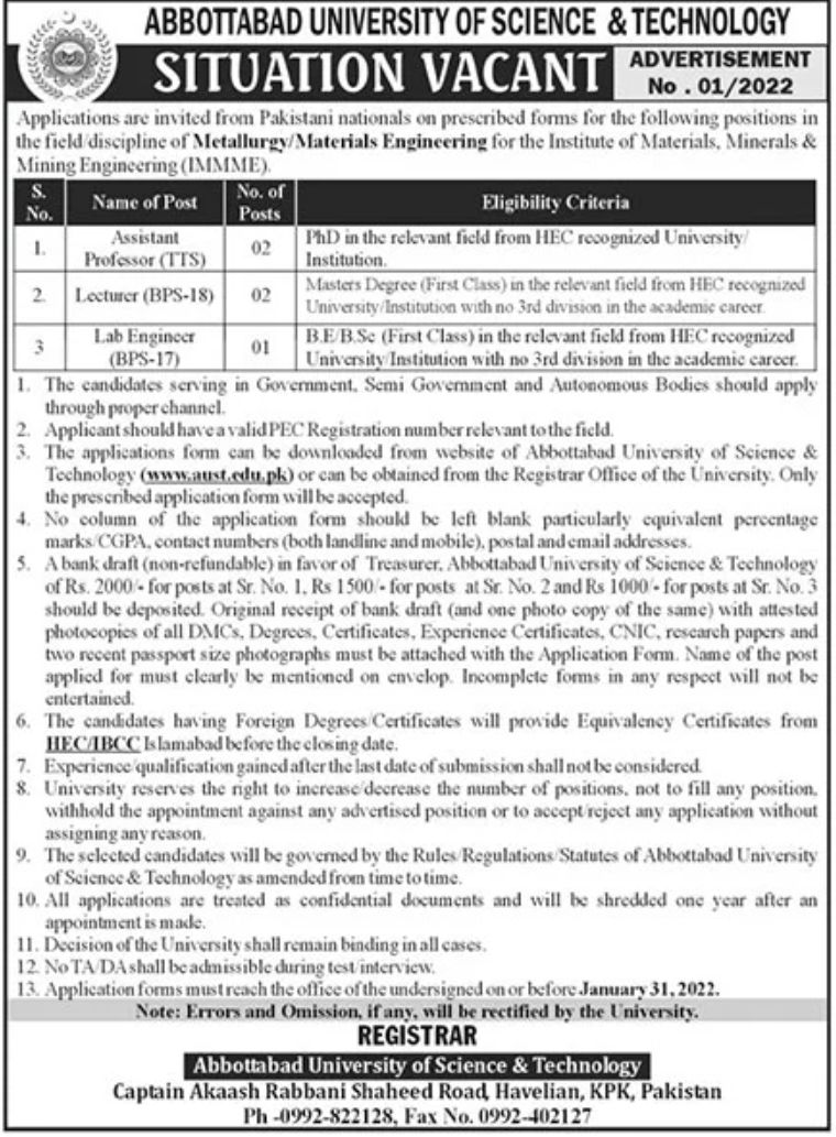Abbottabad University of Science & Technology Jobs January 2022