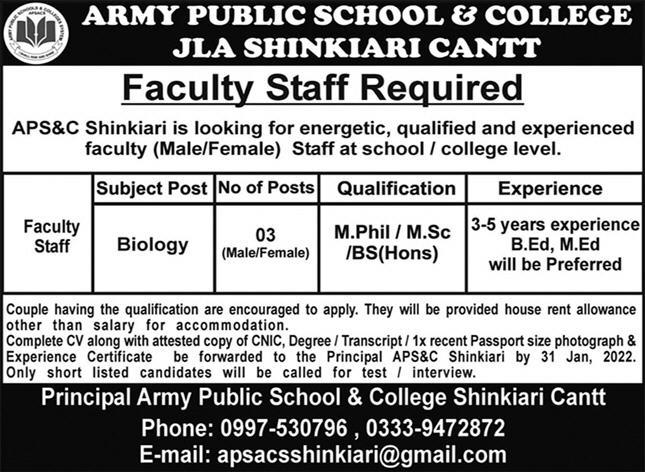 Army Public School & College Jobs January 2022
