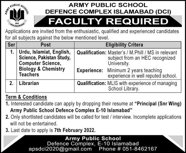 Army Public School Defence Complex Islamabad Jobs January 2022