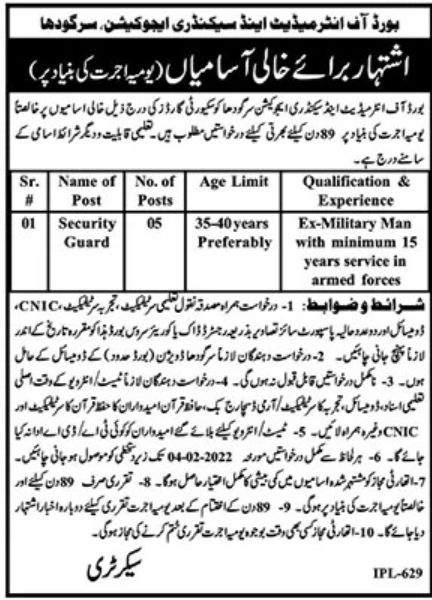 BISE Sargodha Jobs January 2022