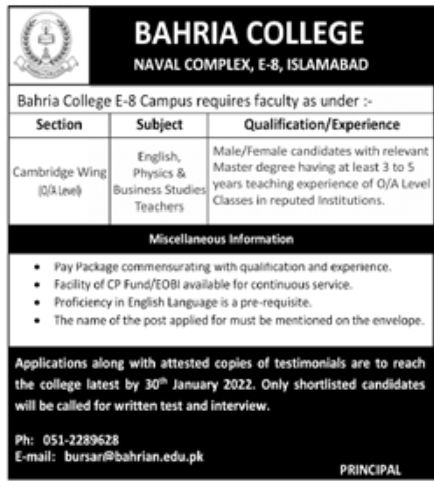 Bahria College Islamabad Jobs January 2022