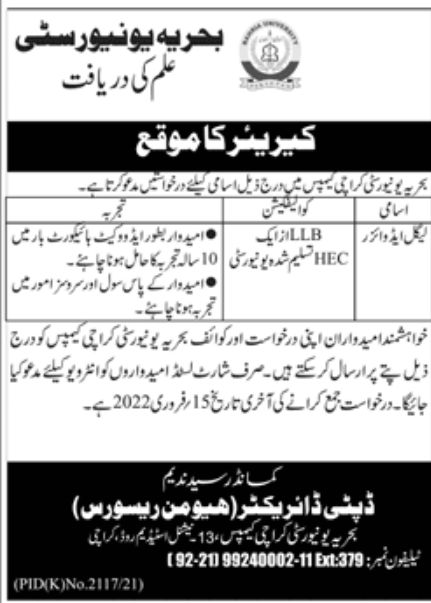 Bahria University Jobs January 2022