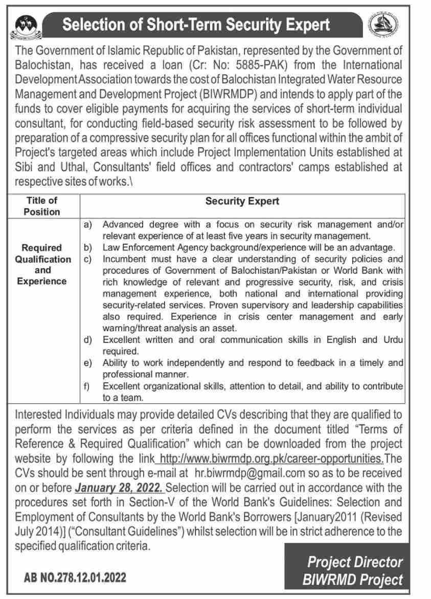 Balochistan Integrated Water Resource Management and Development Project Jobs January 2022