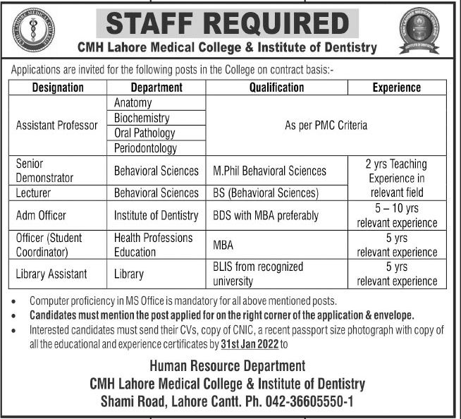 CMH Lahore Jobs January 2022