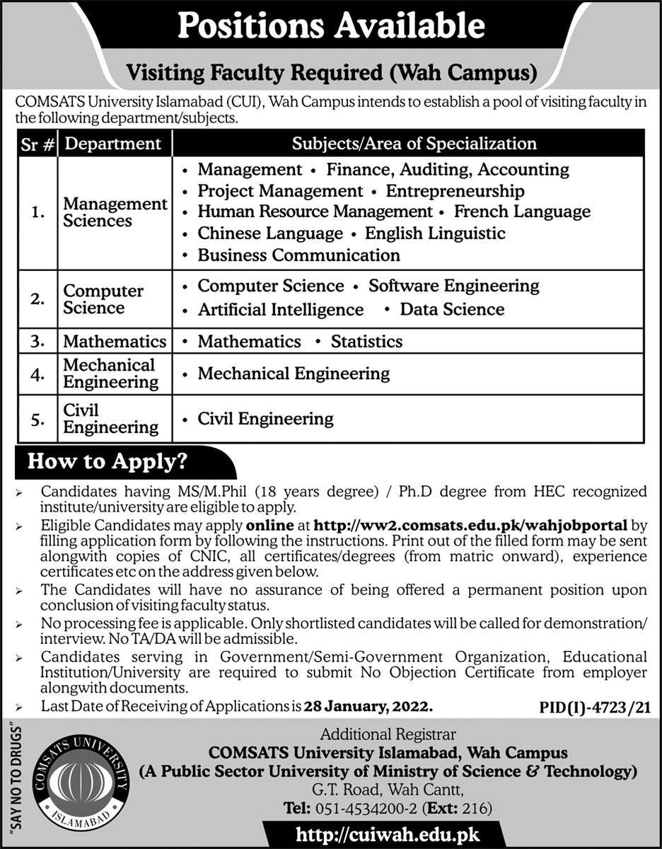 COMSATS University Islamabad CUI Jobs Janaury 2022