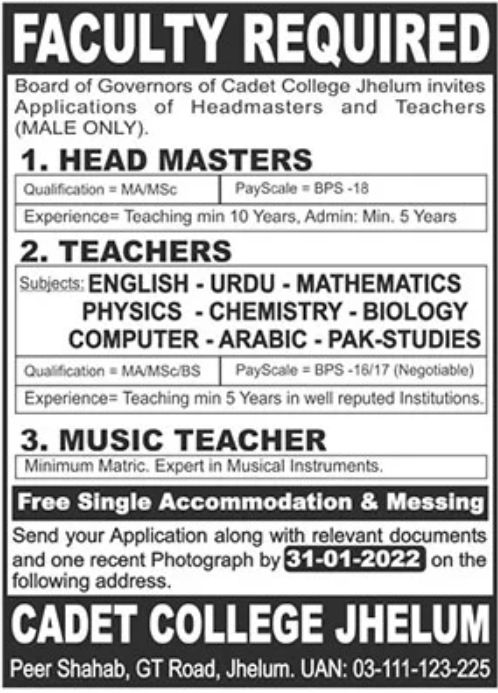 Cadet College Jhelum Jobs January 2022