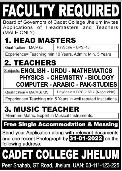 Cadet College Jhelum Jobs January 2022