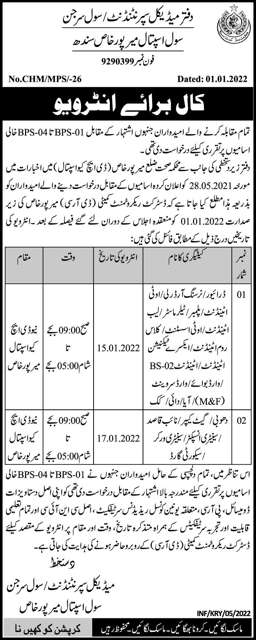 Civil Hospital Mirpurkhas Jobs January 2022