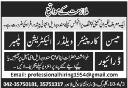 Construction Company Lahore Jobs January 2022