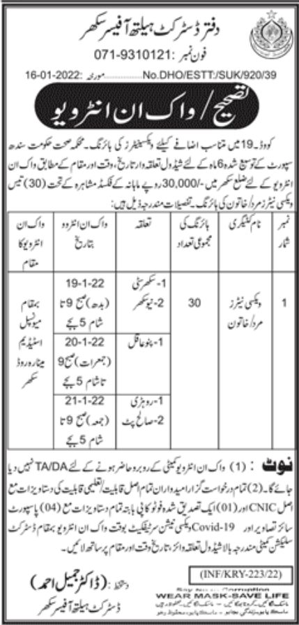 District Health Officer Sukkur Jobs January 2022