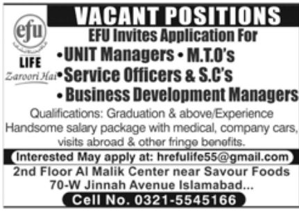 EFU Life Insurance Jobs January 2022