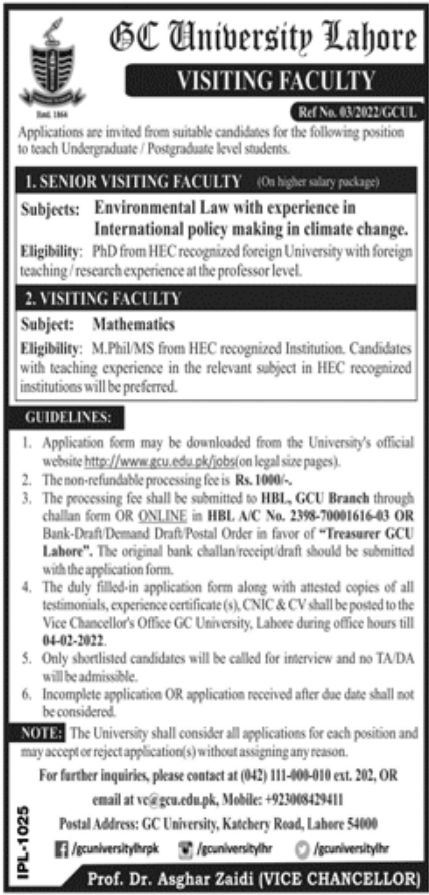 GC University Lahore Jobs January 2022