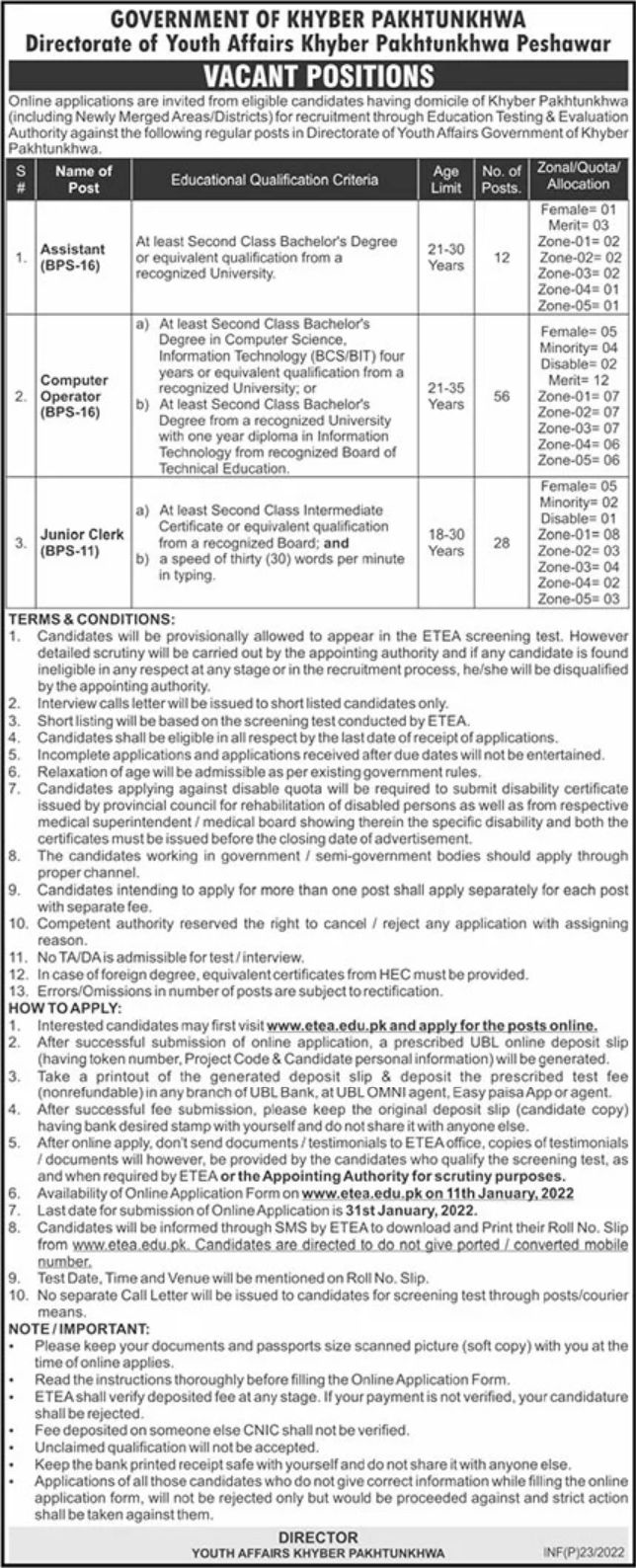Government of Khyber Pakhtunkhwa Directorate of Youth Affairs Khyber Pakhtunkhwa Peshawar Jobs January 2022