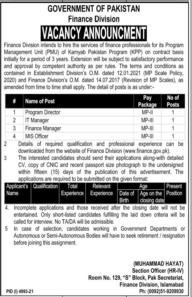 Government of Pakistan Finance Division Jobs January 2022