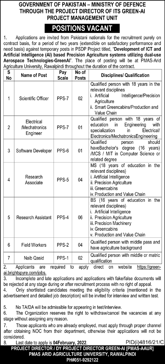 Government of Pakistan Ministry of Defence Jobs January 2022
