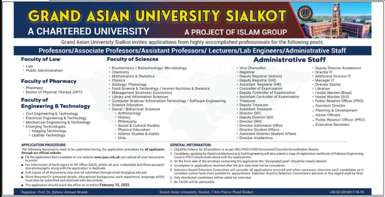 Grand Asian University Sialkot Jobs January 2022