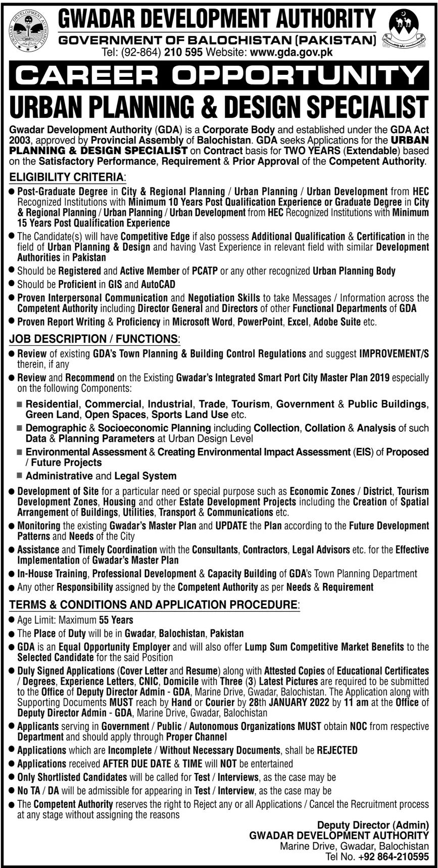 Gwadar Development Authority Jobs January 2022