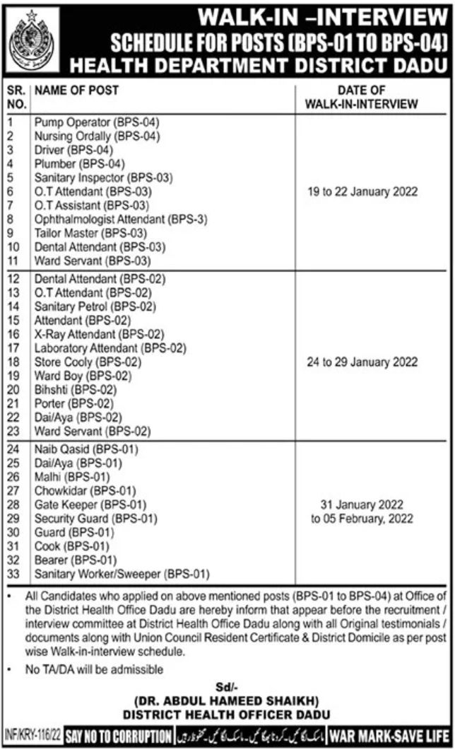 Health Department District Dadu Jobs January 2022