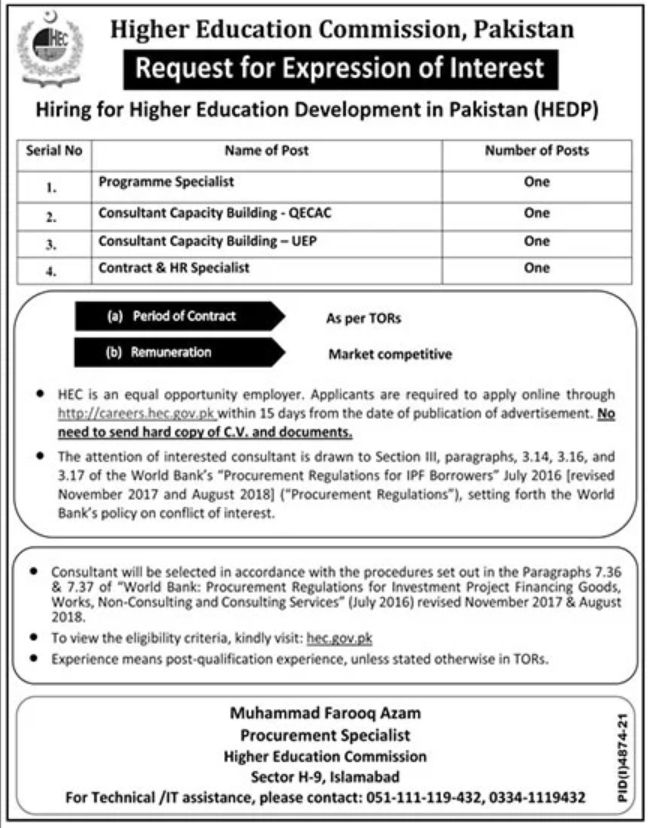 Higher Education Commission HEC Pakistan Jobs January 2022