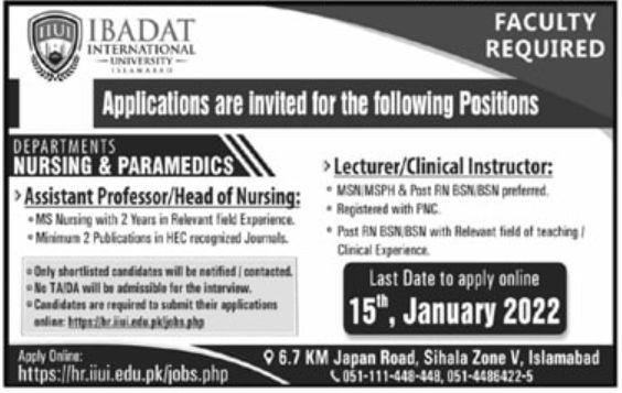 IBADAT International University Islamabad Jobs January 2022