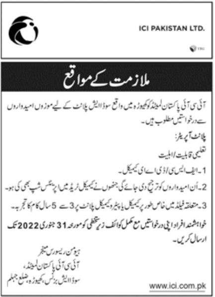 ICI Pakistan Ltd Jobs January 2022
