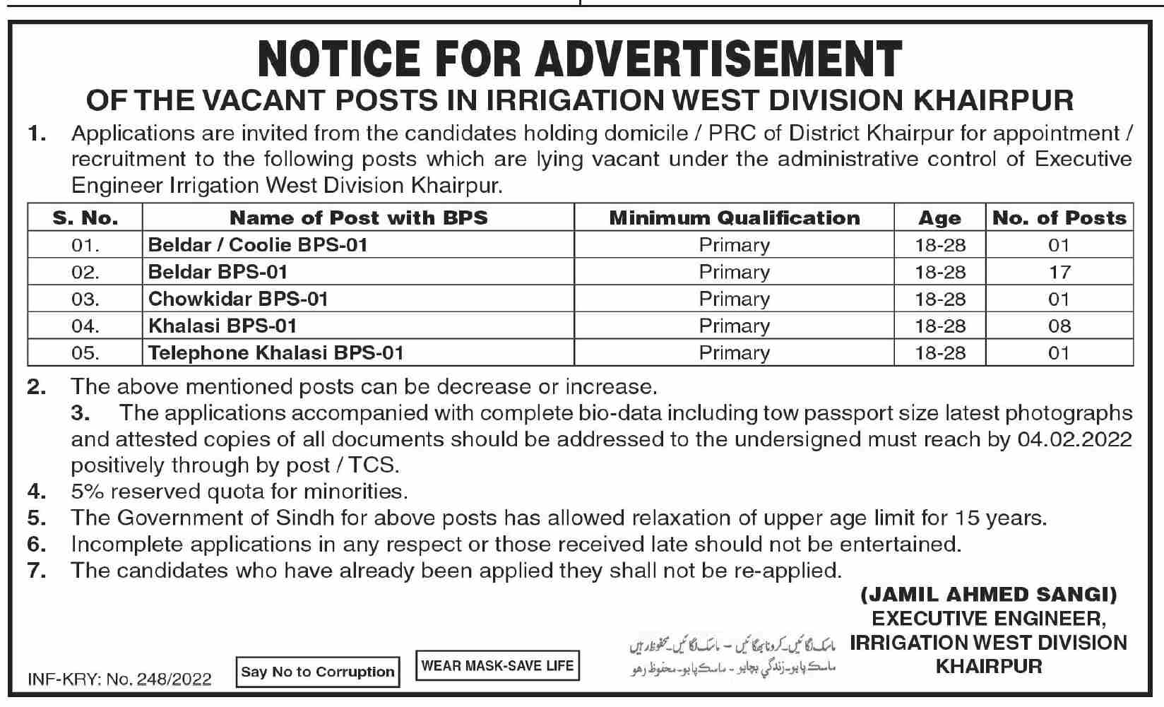 Irrigation Sector Khairpur Jobs January 2022