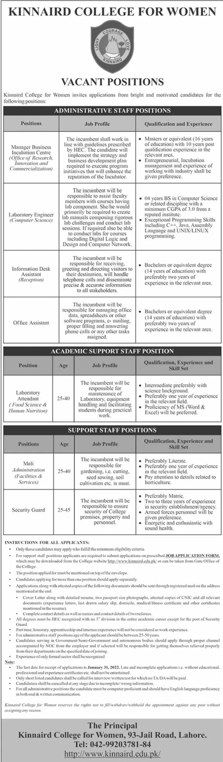 Kinnaird College for Women Jobs January 2022
