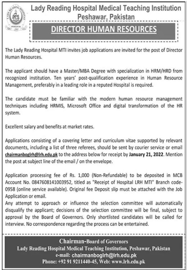 Lady Reading Hospital Medical Teaching Institution Peshawar Jobs Janaury 2022