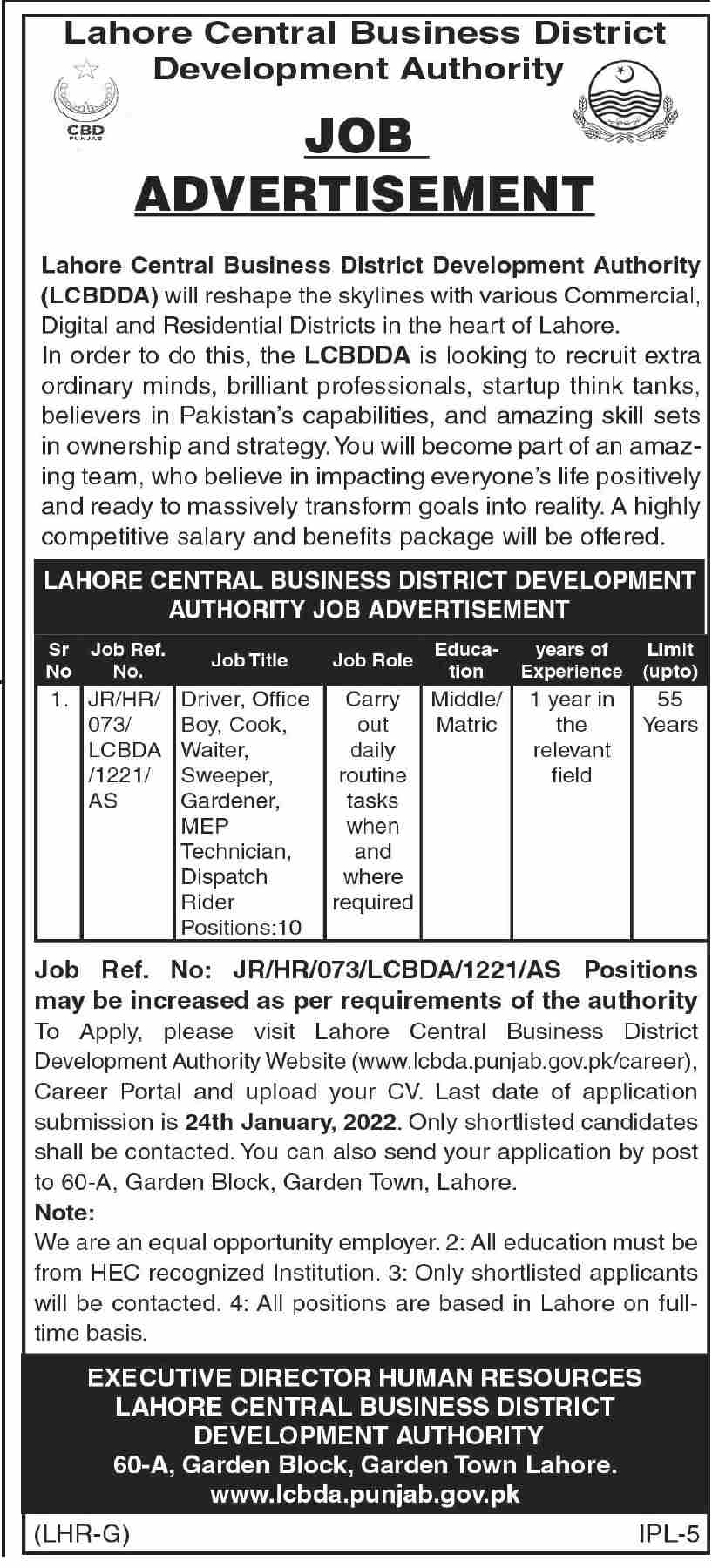 Lahore Central Business District Development Authority Jobs January 2022