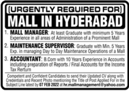 Mall in Hyderabad Jobs January 2022