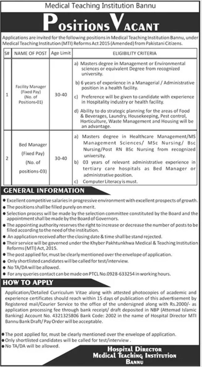 Medical Teaching Institution Bannu Jobs January 2022