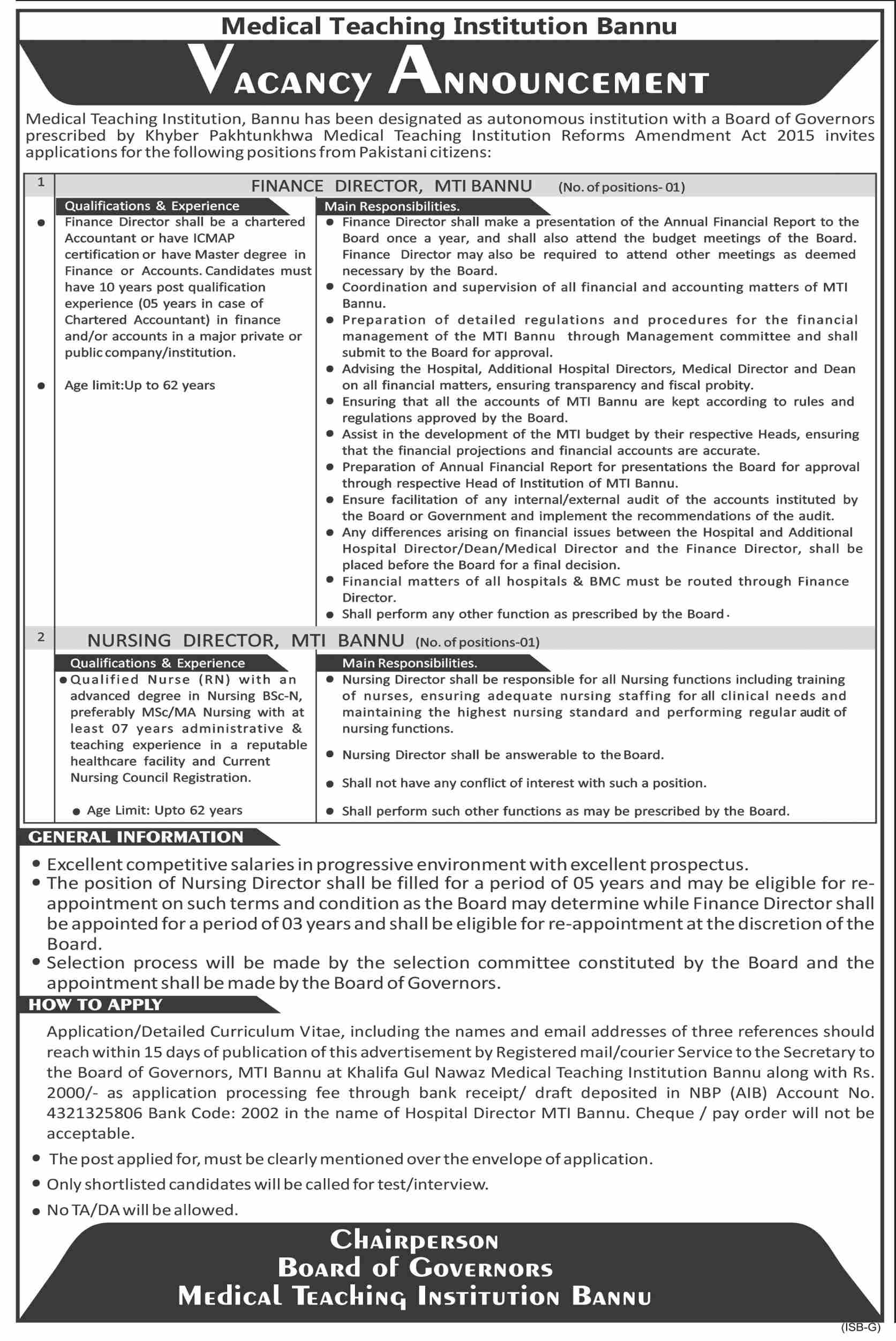 Medical Teaching Institution Bannu Jobs January 2022