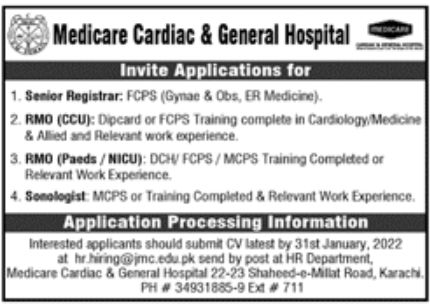 Medicare Cadiac & General Hospital Jobs January 2022
