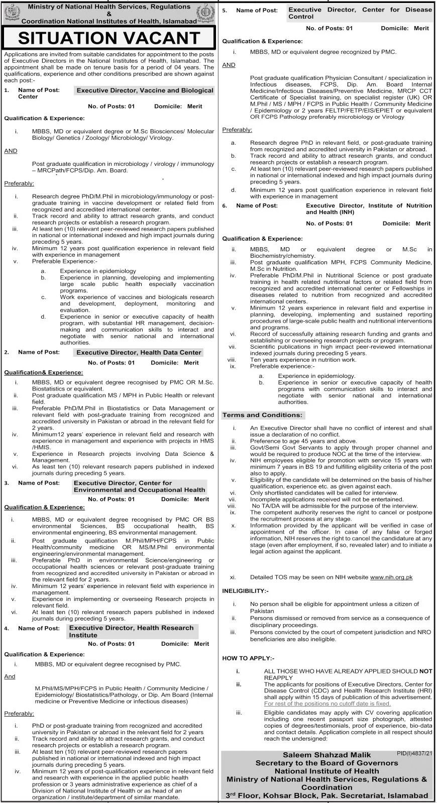 Ministry of National Health Services, Regulations & Coordination National Institute of Health Islamabad Jobs January 2022