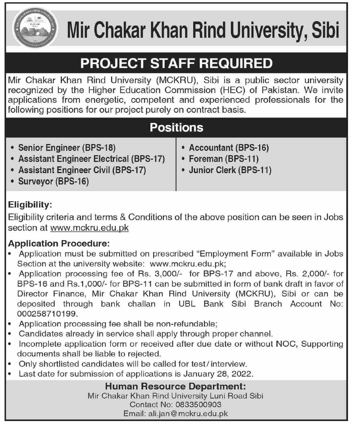 Mir Chakar Khan Rind University Jobs January 2022